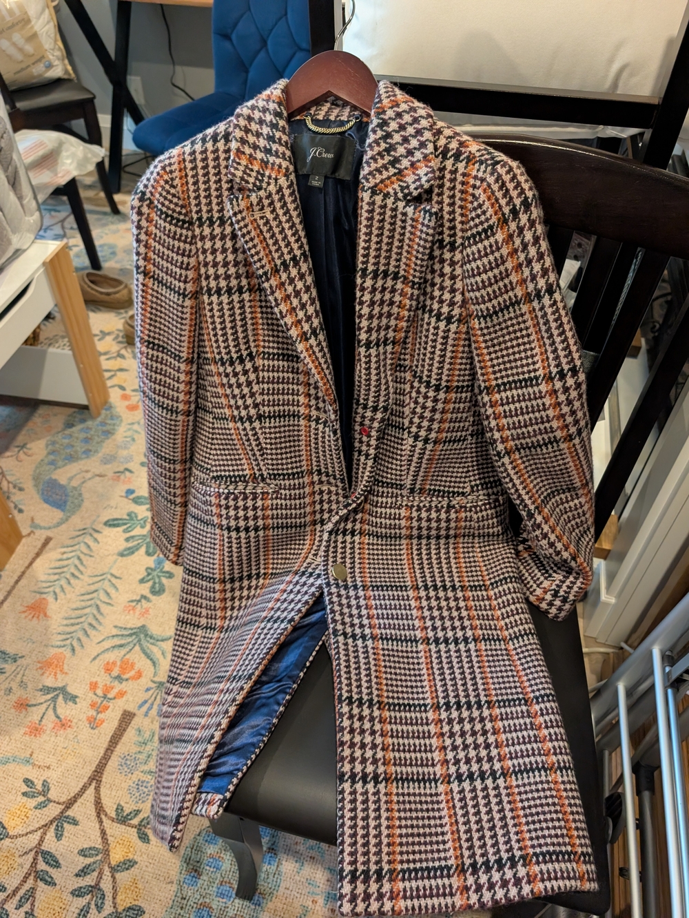 J. Crew Women’s Plaid Houndstooth Long Coat - Pale Pink/ Black/Navy Orange